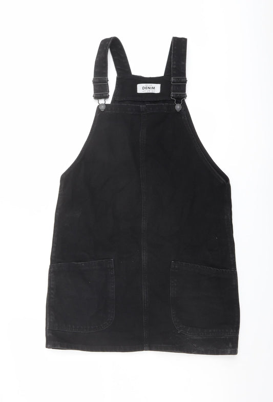 New Look Womens Black Cotton Pinafore/Dungaree Dress Size 6 Square Neck Buckle