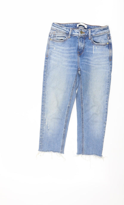 Zara Womens Blue Cotton Cropped Jeans Size 6 L20 in Regular Button - Raw Hem