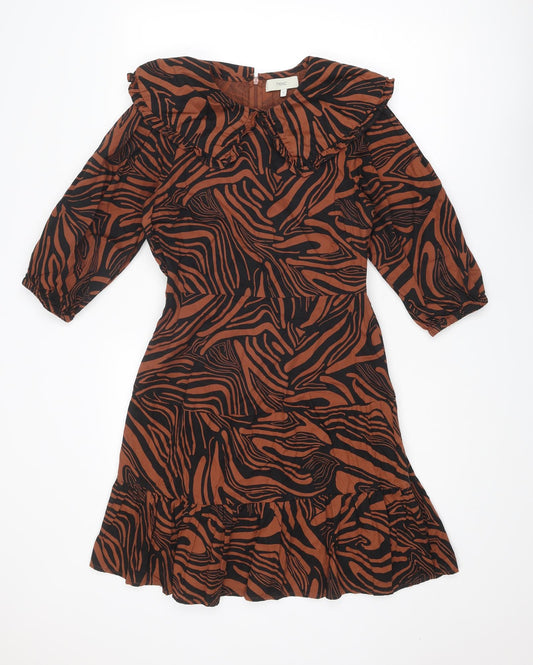 NEXT Womens Brown Geometric Cotton Skater Dress Size 8 Round Neck Zip
