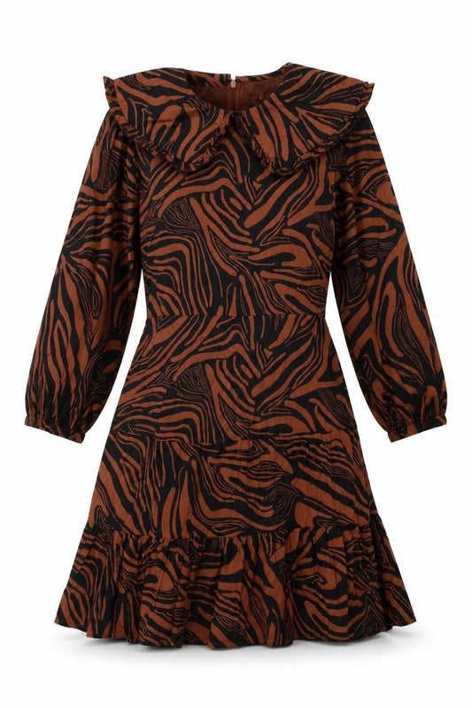 NEXT Womens Brown Geometric Cotton Skater Dress Size 8 Round Neck Zip