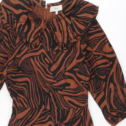 NEXT Womens Brown Geometric Cotton Skater Dress Size 8 Round Neck Zip