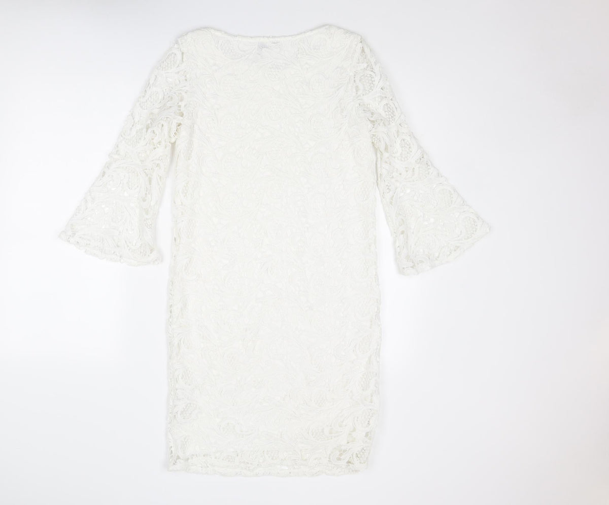 Wallis Womens White Geometric Polyester Shift Size 8 Boat Neck Pullover