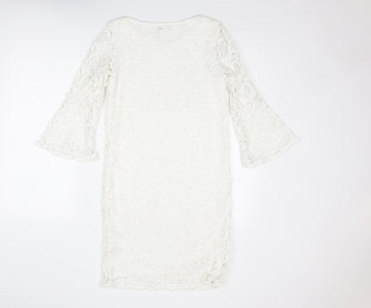 Wallis Womens White Geometric Polyester Shift Size 8 Boat Neck Pullover