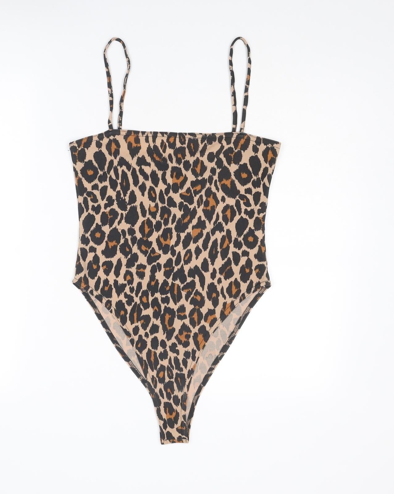 Boohoo Womens Beige Animal Print Polyester Bodysuit One-Piece Size 12 Snap - Leopard Print