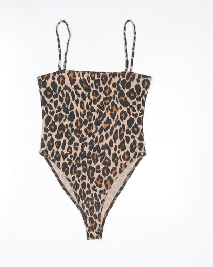 Boohoo Womens Beige Animal Print Polyester Bodysuit One-Piece Size 12 Snap - Leopard Print