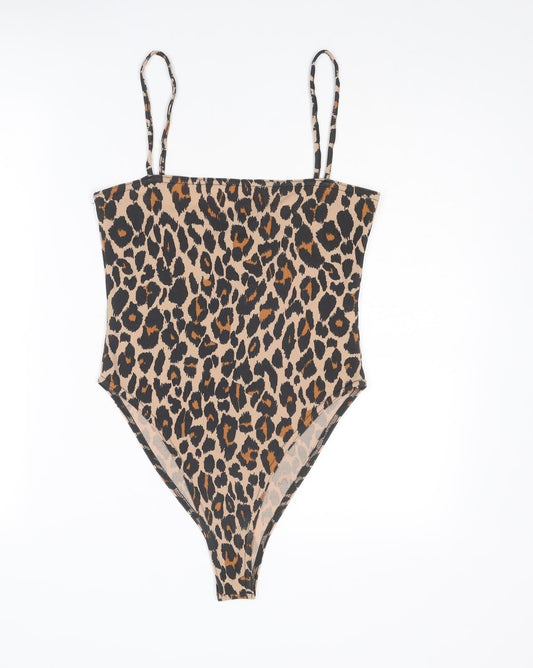 Boohoo Womens Beige Animal Print Polyester Bodysuit One-Piece Size 12 Snap - Leopard Print