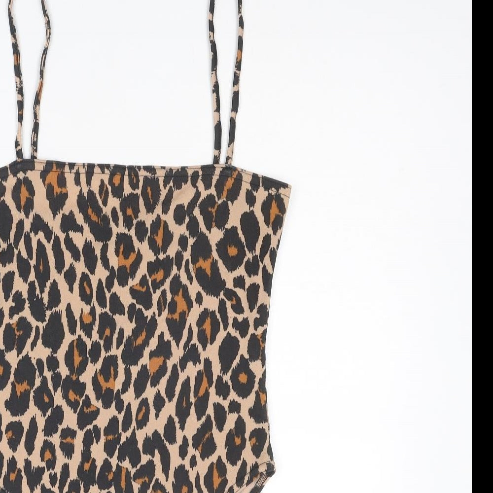 Boohoo Womens Beige Animal Print Polyester Bodysuit One-Piece Size 12 Snap - Leopard Print