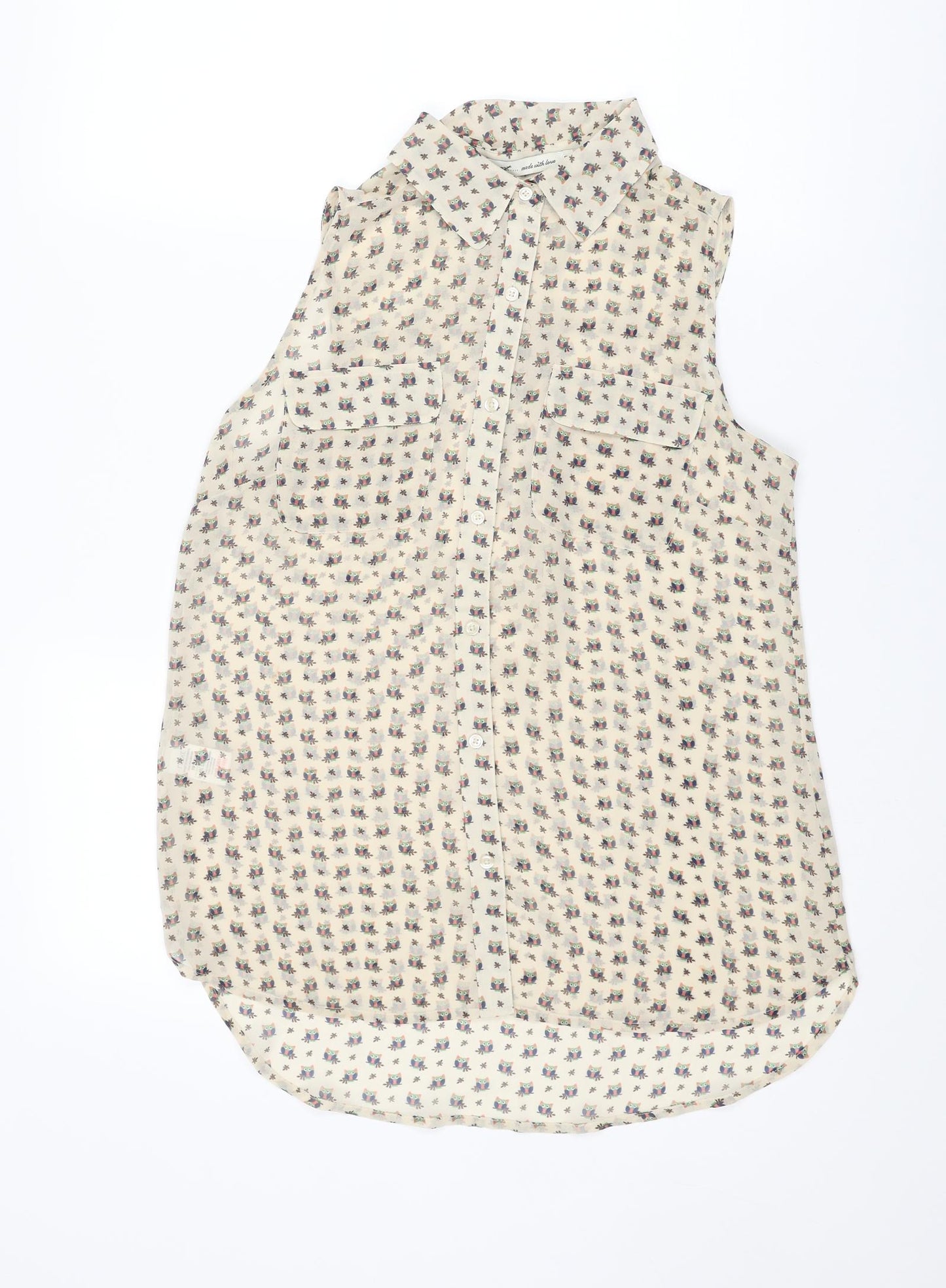 NEXT Womens Ivory Geometric Polyester Basic Button-Up Size 8 Collared - Owl Print