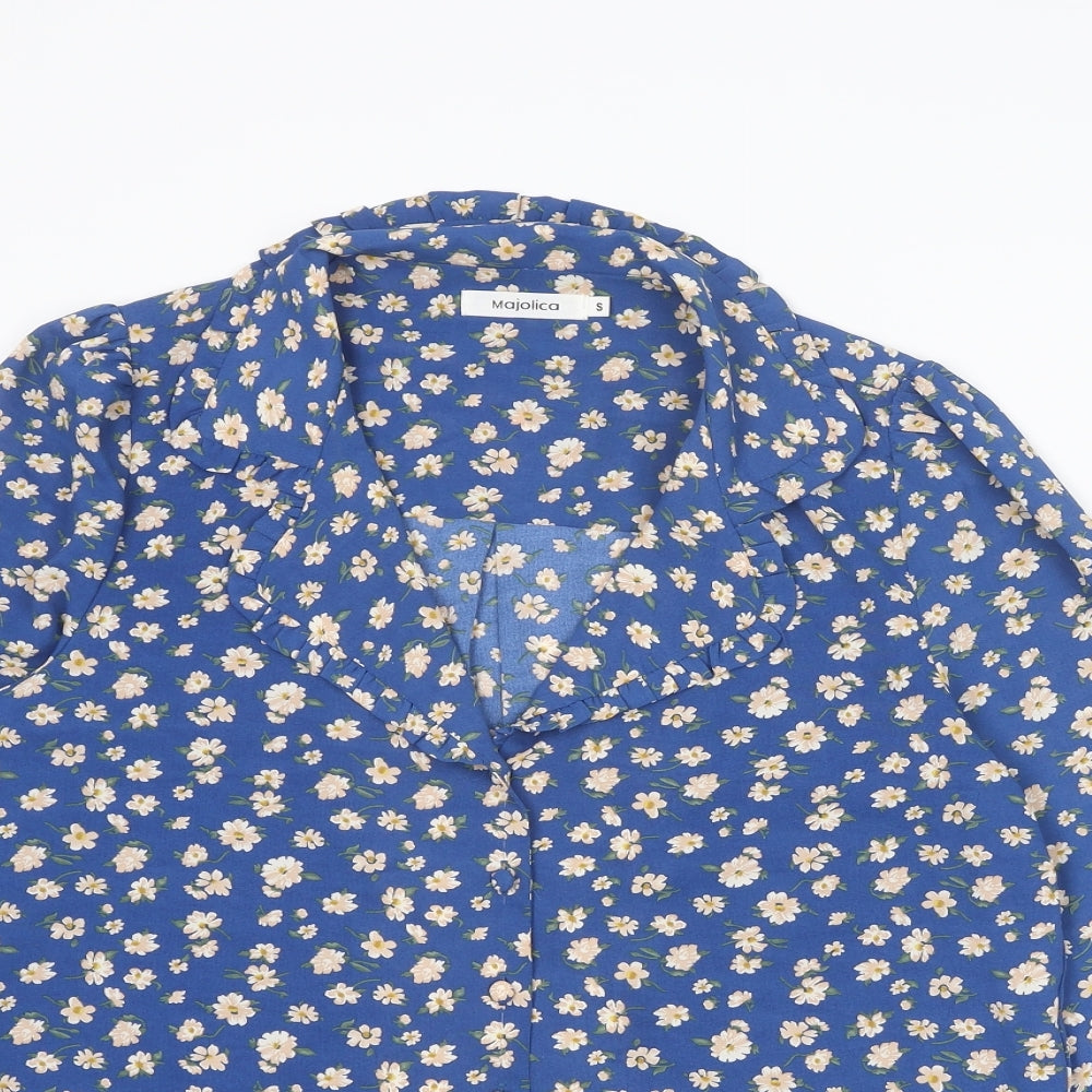 Majolica Womens Blue Floral Polyester Basic Button-Up Size S Collared