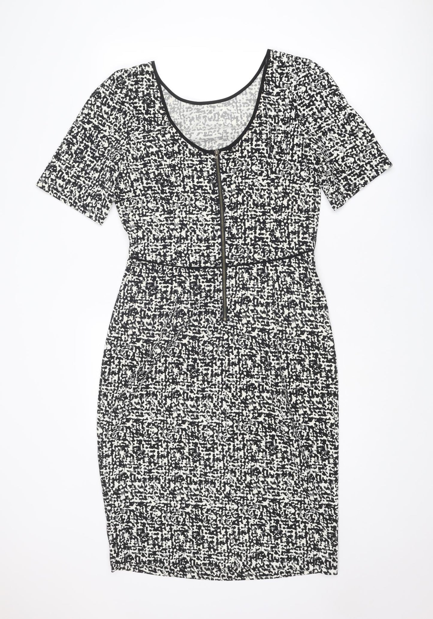 Louche Womens Black Geometric Polyester Shift Size 14 Round Neck Zip
