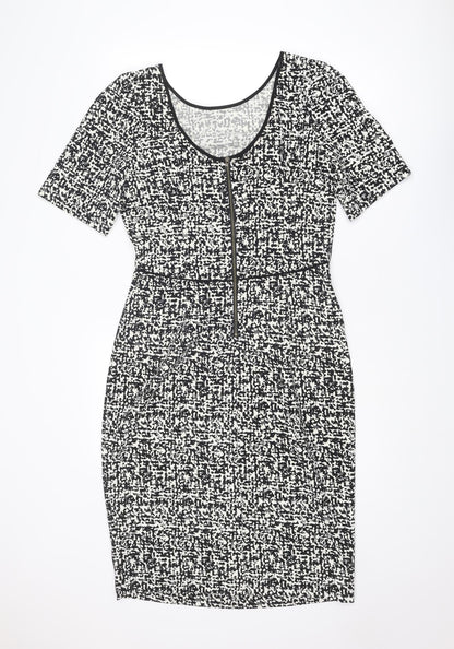 Louche Womens Black Geometric Polyester Shift Size 14 Round Neck Zip