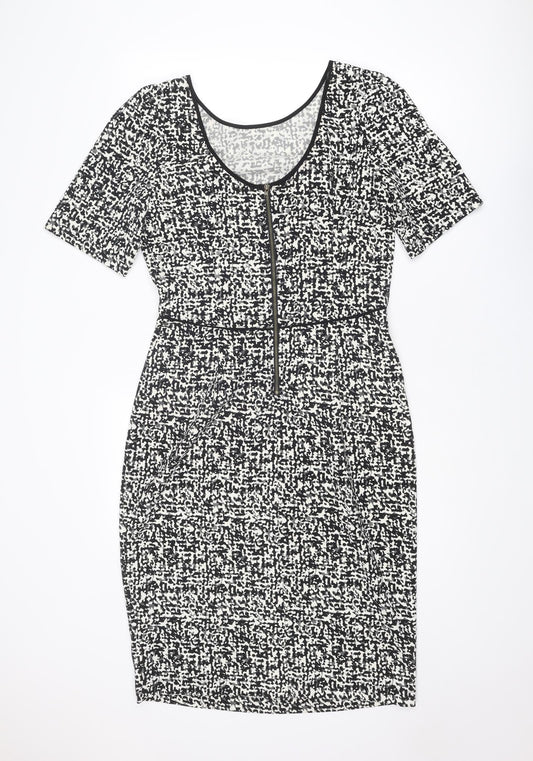 Louche Womens Black Geometric Polyester Shift Size 14 Round Neck Zip