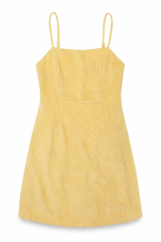 Front view of Cooperative women’s yellow polyester slip dress, size M, scoop neck zip