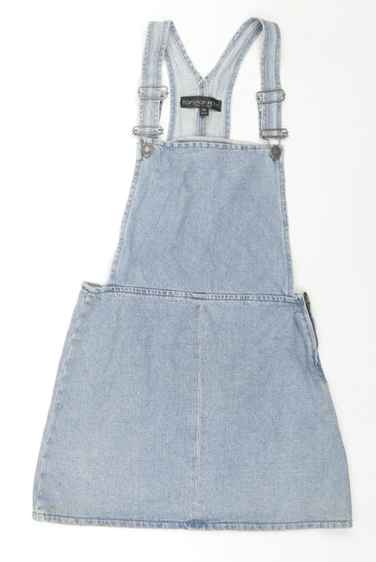 Topshop Womens Blue Cotton Pinafore/Dungaree Dress Size 8 Square Neck Zip