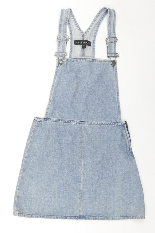 Topshop Womens Blue Cotton Pinafore/Dungaree Dress Size 8 Square Neck Zip