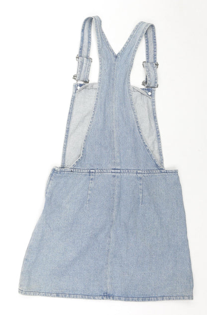 Topshop Womens Blue Cotton Pinafore/Dungaree Dress Size 8 Square Neck Zip