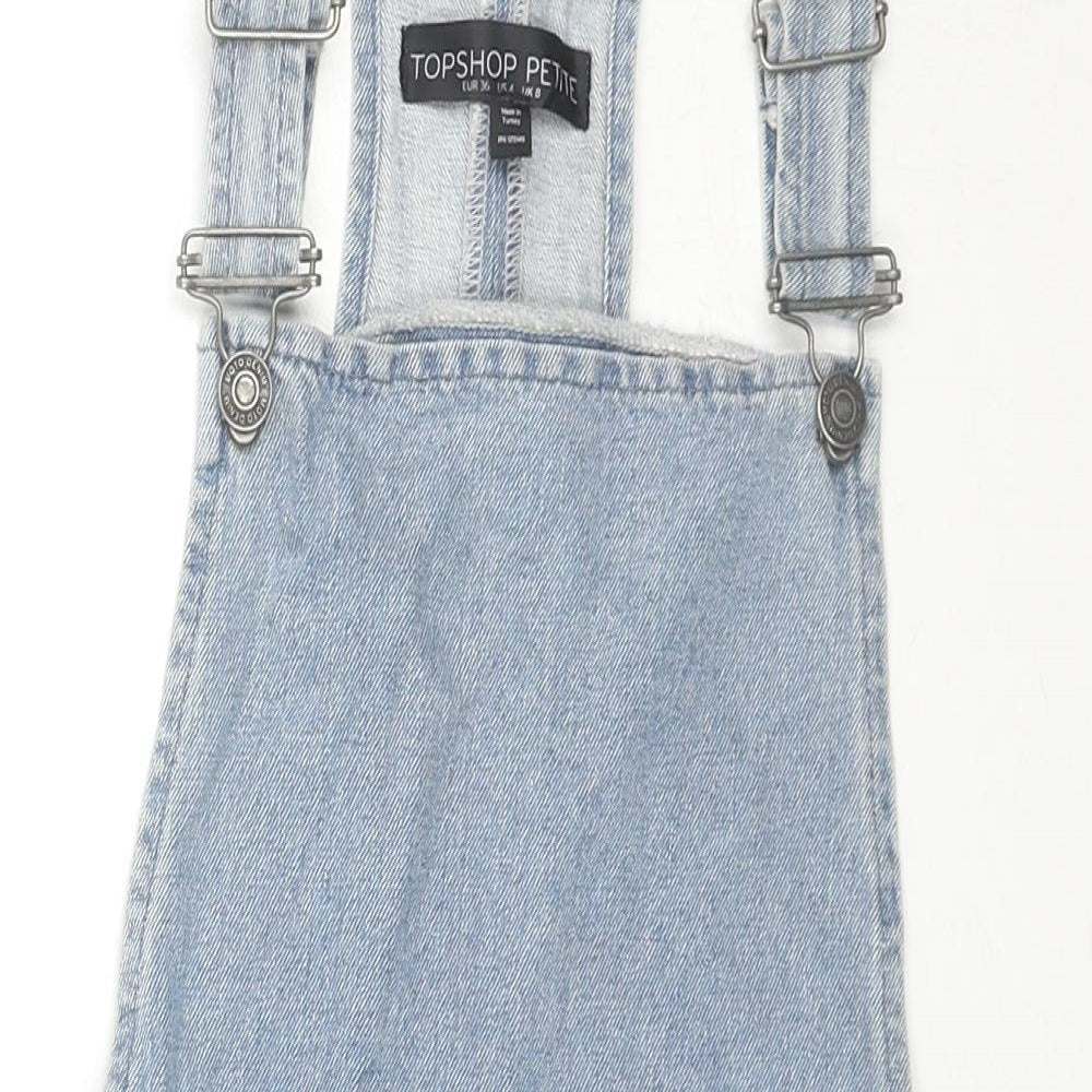 Topshop Womens Blue Cotton Pinafore/Dungaree Dress Size 8 Square Neck Zip