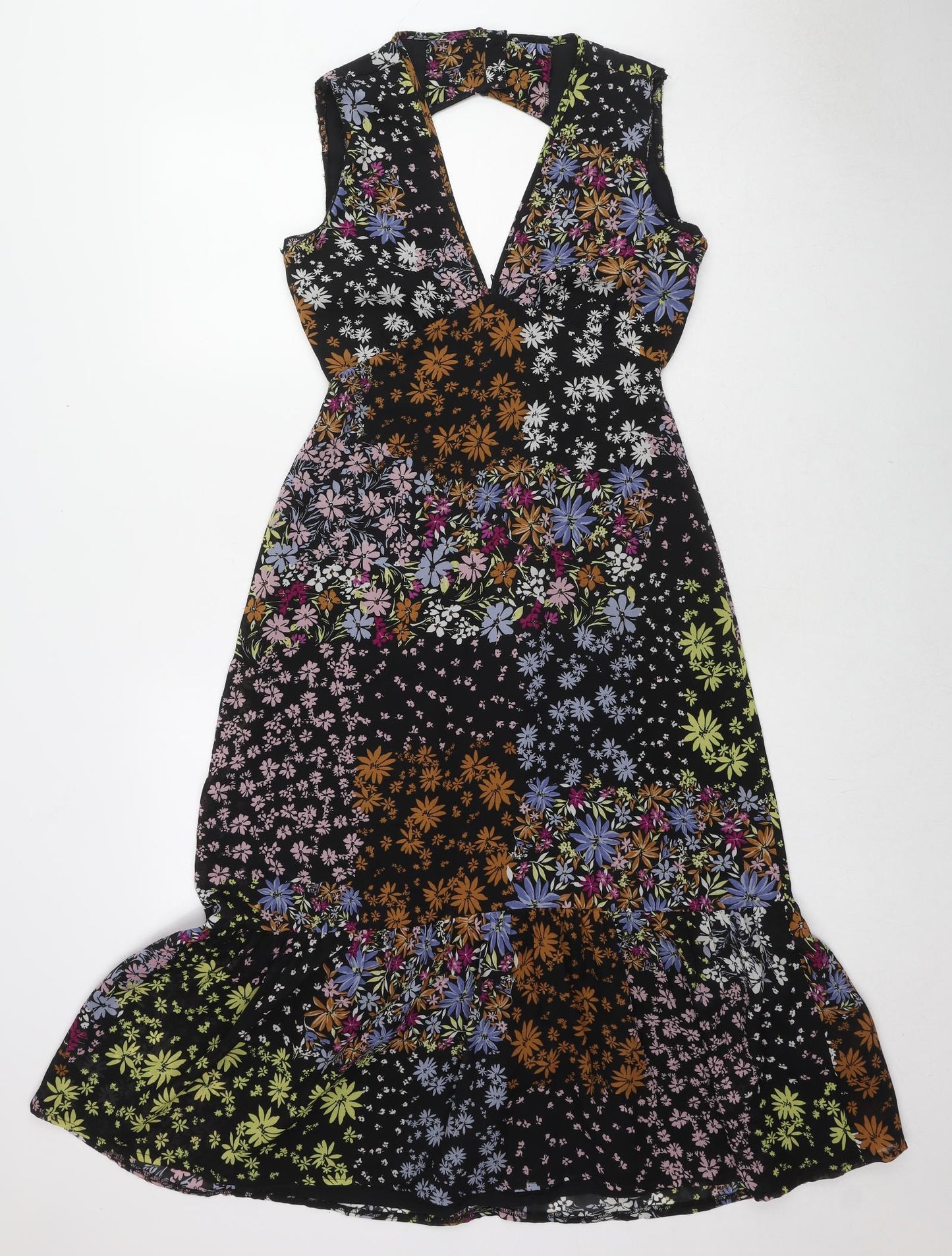 Oasis Womens Black Floral Polyester A-Line Size 6 V-Neck Button - Cut Out Back Detail