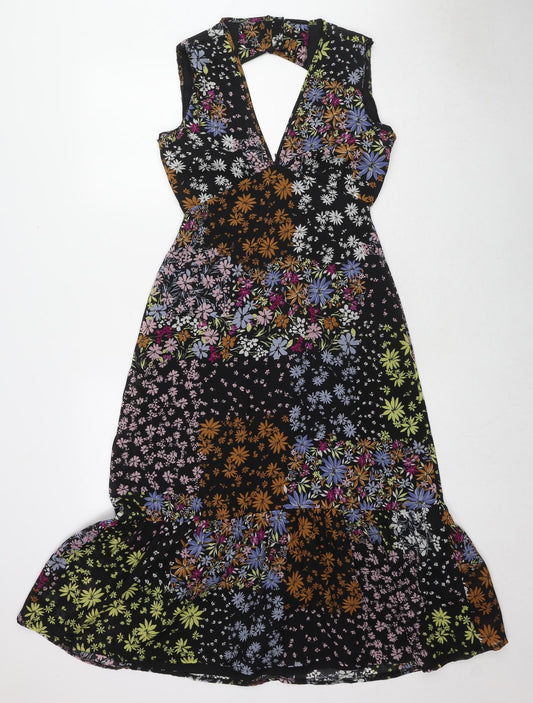 Oasis Womens Black Floral Polyester A-Line Size 6 V-Neck Button - Cut Out Back Detail