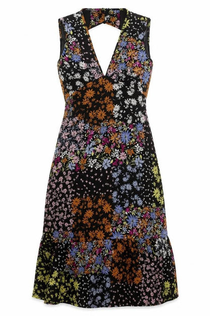 Oasis Womens Black Floral Polyester A-Line Size 6 V-Neck Button - Cut Out Back Detail