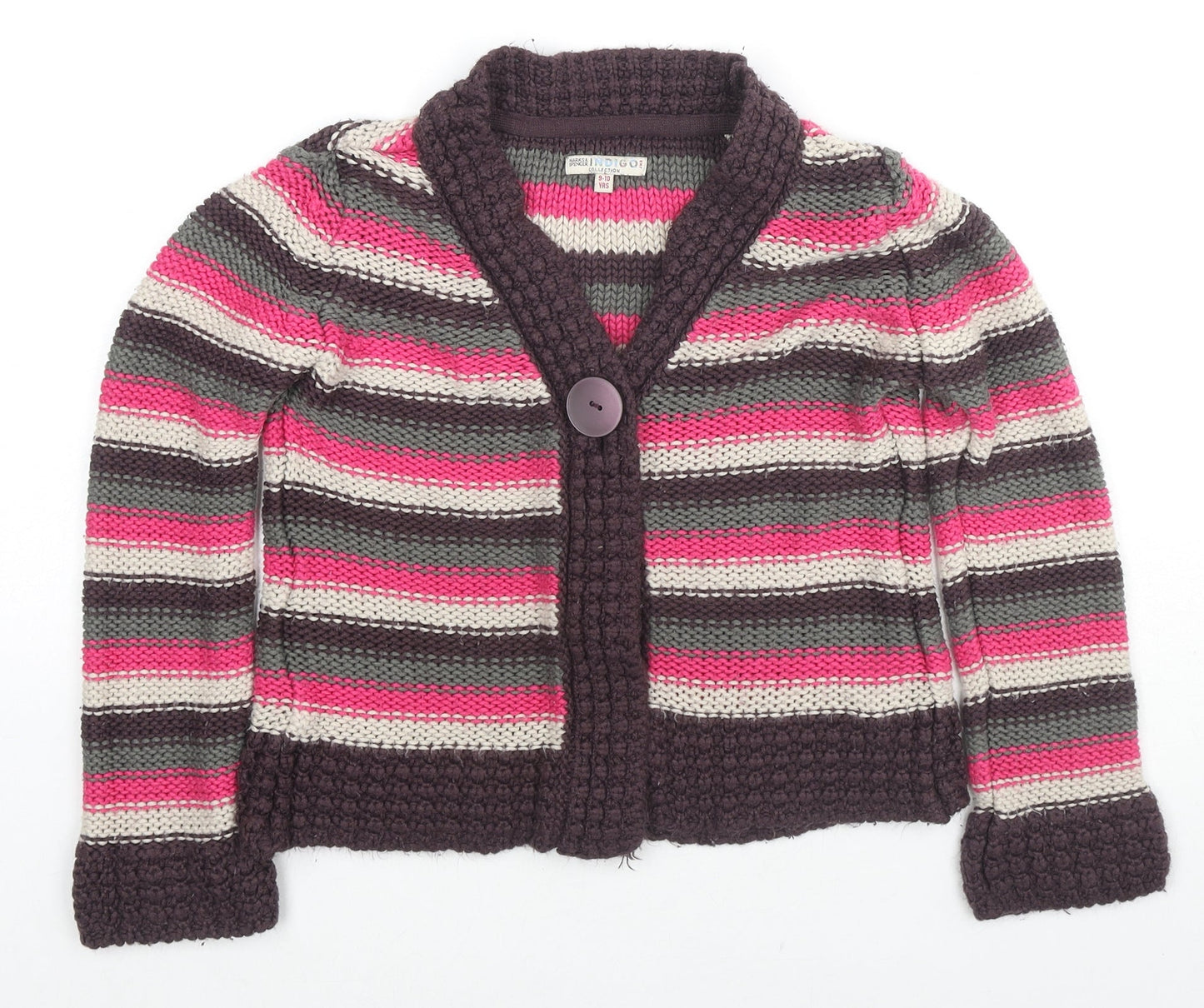 Indigo Girls Multicoloured V-Neck Striped Acrylic Cardigan Jumper Size 9-10 Years Pullover
