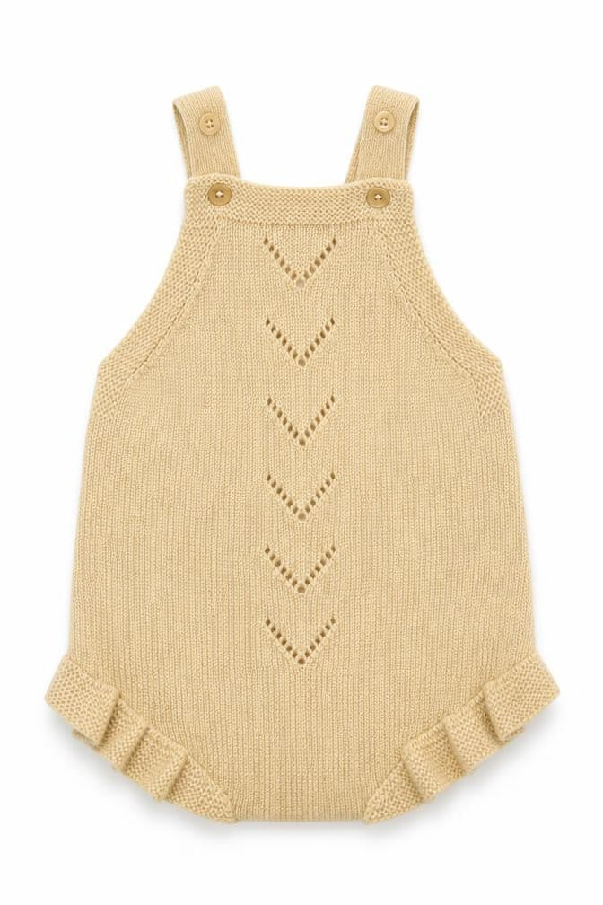 Front view of mamas & papas girls’ beige polyester romper one-piece, size 3-6, months snap