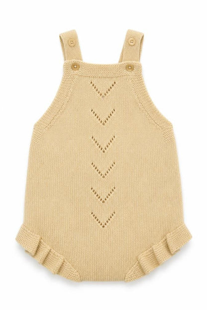 Front view of mamas & papas girls’ beige polyester romper one-piece, size 3-6, months snap