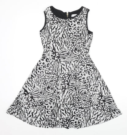 Rare Womens Multicoloured Animal Print Polyester Fit & Flare Size 8 Boat Neck Zip