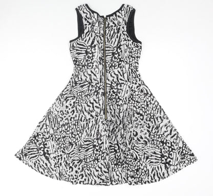 Rare Womens Multicoloured Animal Print Polyester Fit & Flare Size 8 Boat Neck Zip