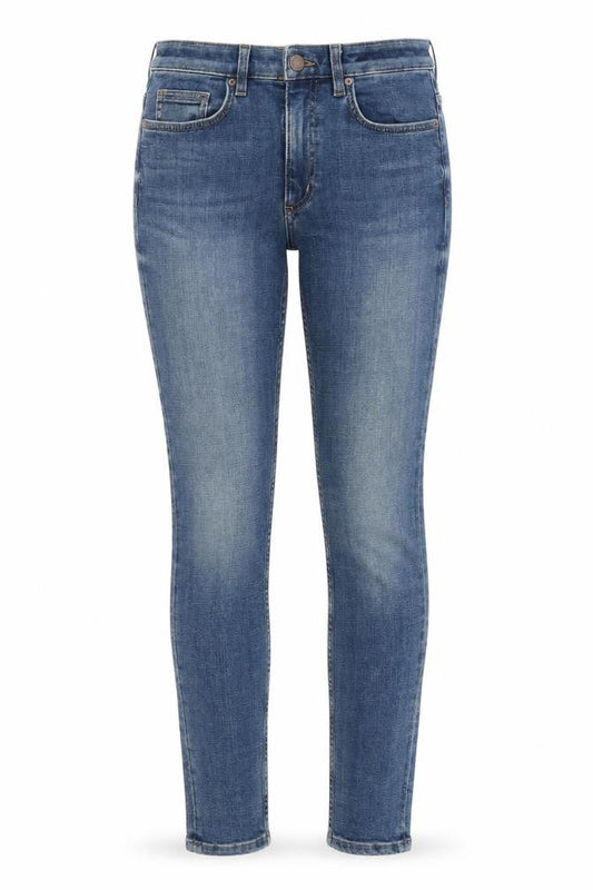 Front view of COS women’s blue cotton skinny jeans, size UK 28, in, 28-inch leg regular zip