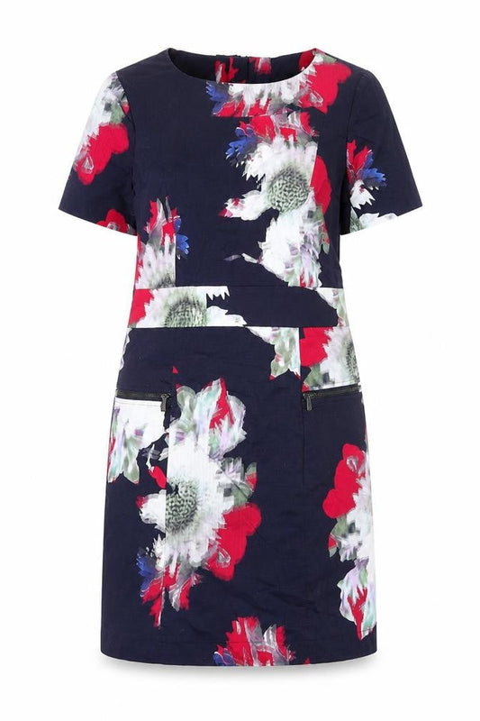 Front view of French Connection women’s blue geometric cotton shift, size UK 10, round neck zip