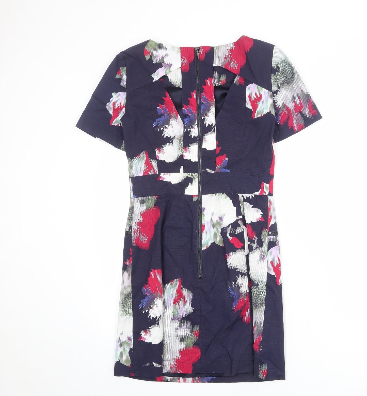 French Connection Womens Blue Geometric Cotton Shift Size 10 Round Neck Zip