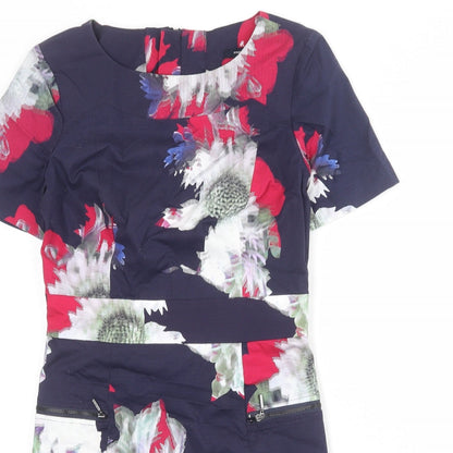 French Connection Womens Blue Geometric Cotton Shift Size 10 Round Neck Zip