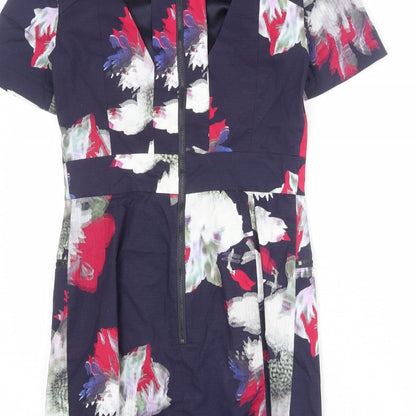 French Connection Womens Blue Geometric Cotton Shift Size 10 Round Neck Zip