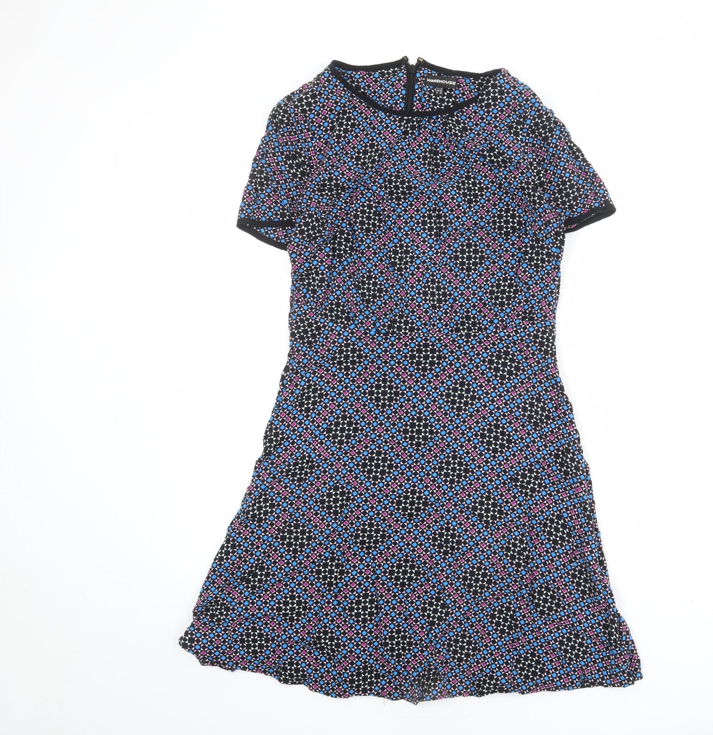 Warehouse Womens Multicoloured Geometric Viscose A-Line Size 12 Round Neck Zip