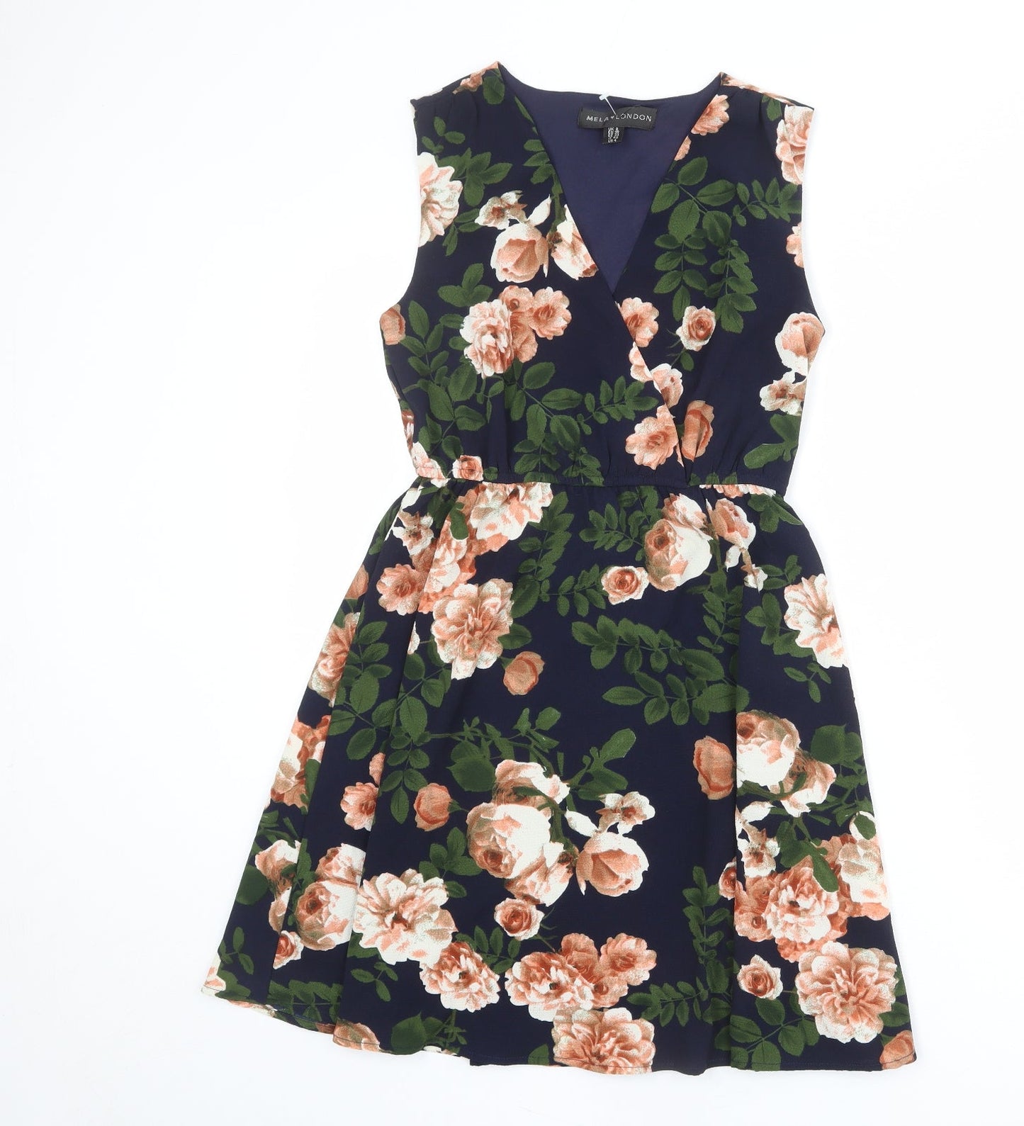 Mela London Womens Blue Floral Polyester Shift Size 8 V-Neck Pullover