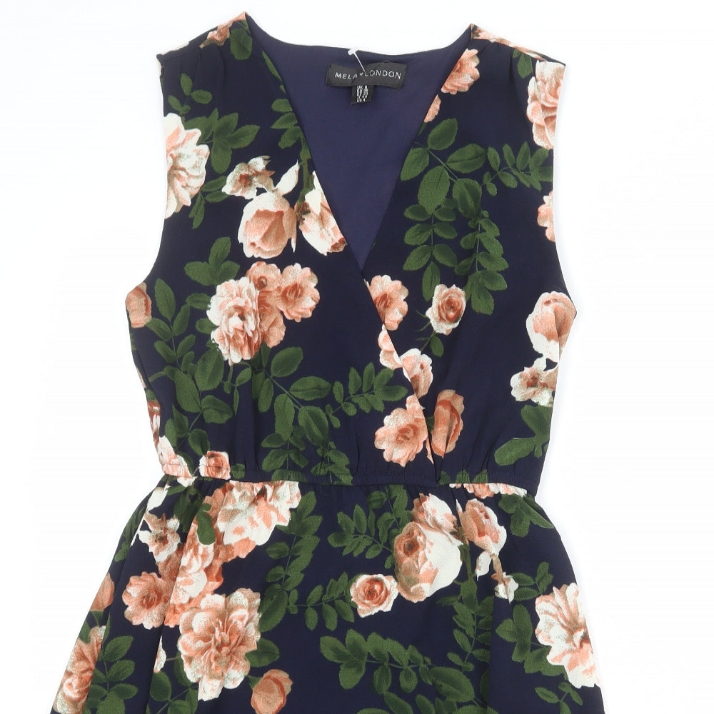 Mela London Womens Blue Floral Polyester Shift Size 8 V-Neck Pullover