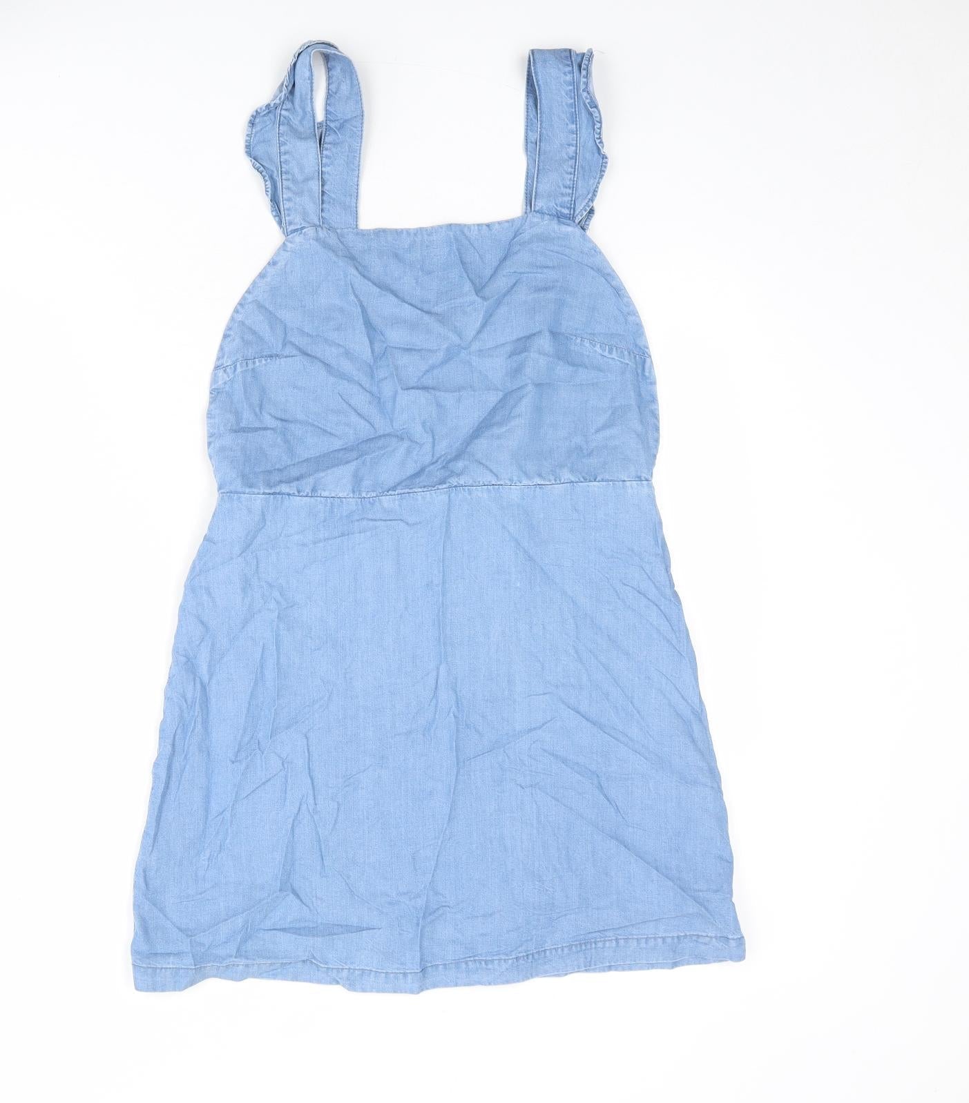 Zara Womens Blue Lyocell Pinafore/Dungaree Dress Size M Square Neck Zip