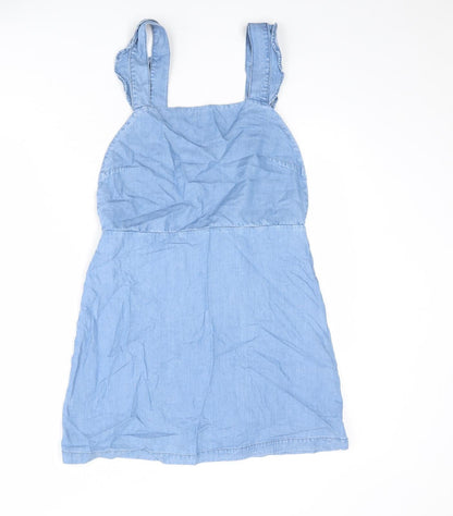 Zara Womens Blue Lyocell Pinafore/Dungaree Dress Size M Square Neck Zip