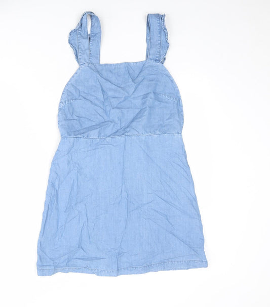 Zara Womens Blue Lyocell Pinafore/Dungaree Dress Size M Square Neck Zip