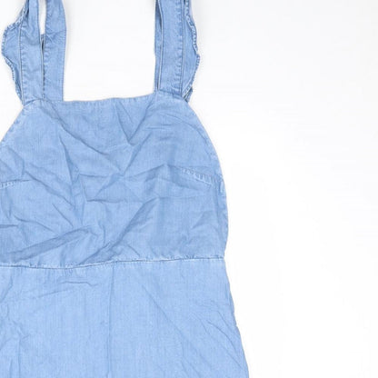 Zara Womens Blue Lyocell Pinafore/Dungaree Dress Size M Square Neck Zip
