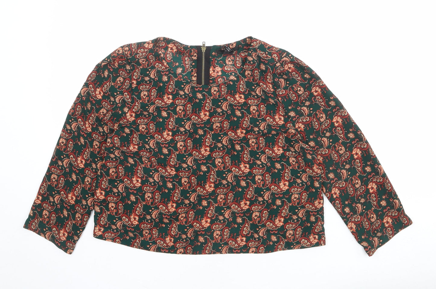 FOREVER 21 Womens Green Paisley Polyester Basic Blouse Size M Round Neck