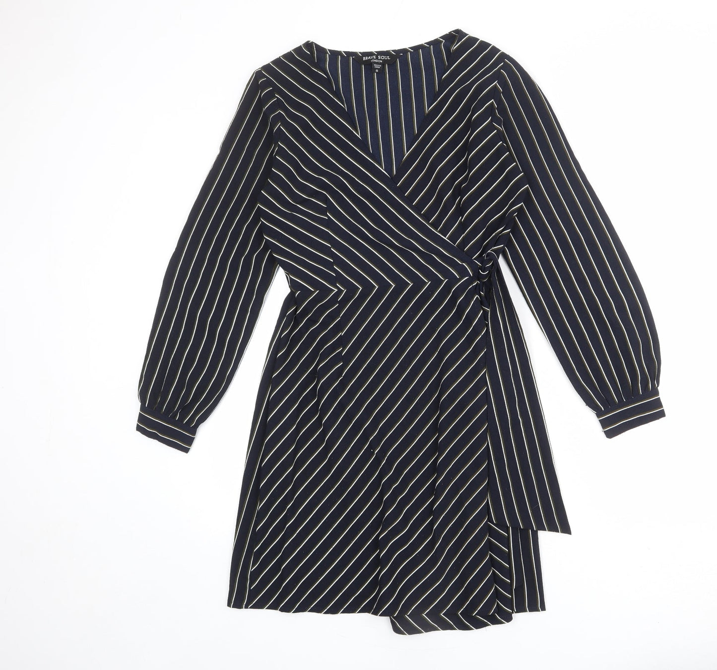 Brave Soul Womens Blue Striped Polyester Wrap Dress Size S V-Neck Tie