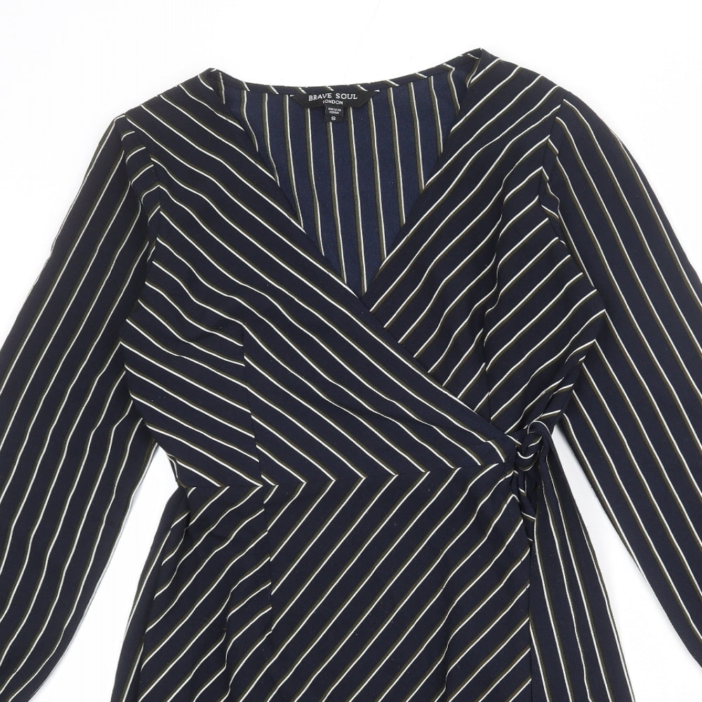 Brave Soul Womens Blue Striped Polyester Wrap Dress Size S V-Neck Tie