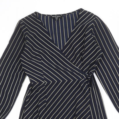 Brave Soul Womens Blue Striped Polyester Wrap Dress Size S V-Neck Tie
