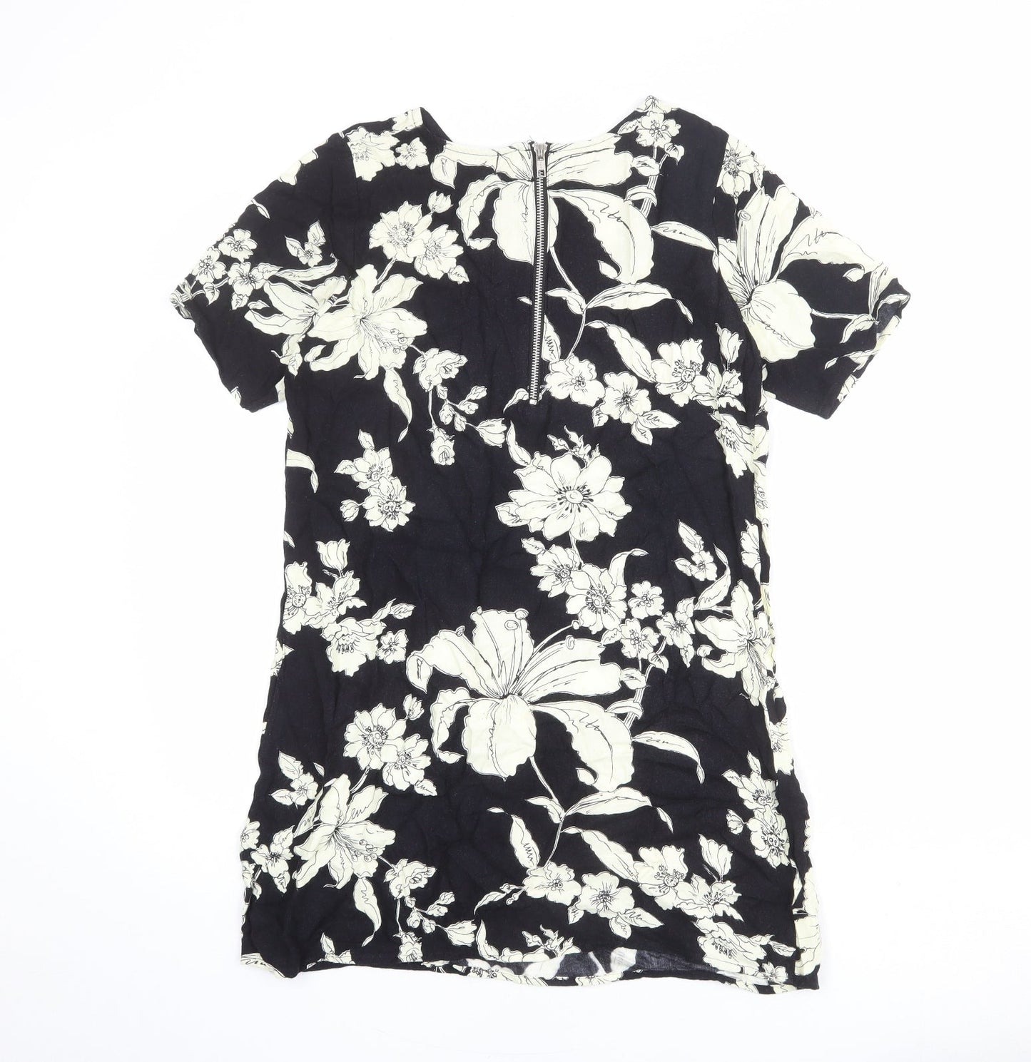 Motel Womens Black Floral Viscose Mini Size S Round Neck Zip