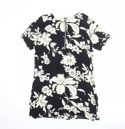 Motel Womens Black Floral Viscose Mini Size S Round Neck Zip