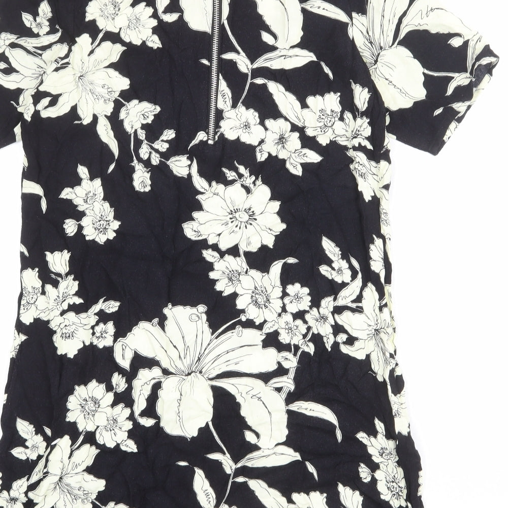 Motel Womens Black Floral Viscose Mini Size S Round Neck Zip