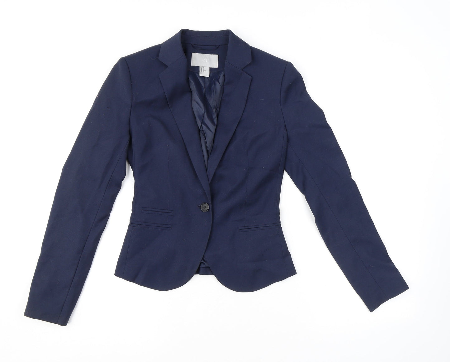 H&M Womens Blue Herringbone Polyester Jacket Blazer Size 4 - Pockets