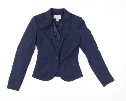 H&M Womens Blue Herringbone Polyester Jacket Blazer Size 4 - Pockets